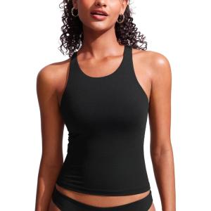 CRZ YOGA Racerback Tankini Tops for Women – Padded High Neck Modest Swim Sports Bathing Tank Only(Black)