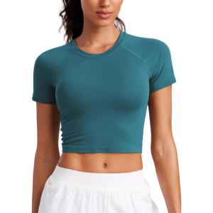 CRZ YOGA Seamless Crop Workout Tops for Women – Athletic Running Gym Yoga Short Sleeve Shirts Basic(Green Jade)