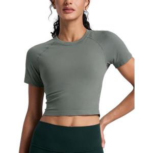 CRZ YOGA Seamless Crop Workout Tops for Women – Athletic Running Gym Yoga Short Sleeve Shirts Basic(Grey Sage)
