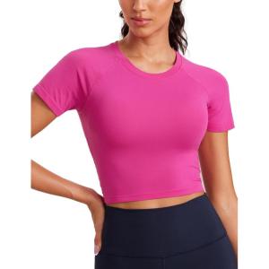 CRZ YOGA Seamless Crop Workout Tops for Women – Athletic Running Gym Yoga Short Sleeve Shirts Basic(Hibiscus Purple)
