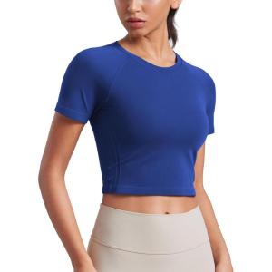 CRZ YOGA Seamless Crop Workout Tops for Women – Athletic Running Gym Yoga Short Sleeve Shirts Basic(Larkspur Blue)