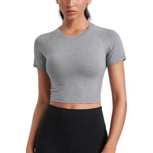 CRZ YOGA Seamless Crop Workout Tops for Women – Athletic Running Gym Yoga Short Sleeve Shirts Basic(Slate Grey Marl)