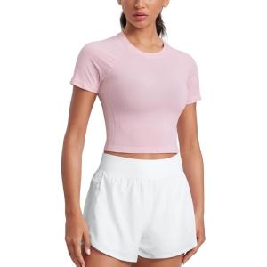 CRZ YOGA Seamless Crop Workout Tops for Women – Athletic Running Gym Yoga Short Sleeve Shirts Basic(Strawberry Pink)