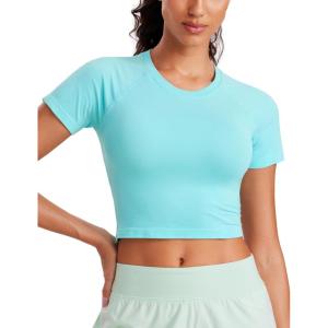 CRZ YOGA Seamless Crop Workout Tops for Women – Athletic Running Gym Yoga Short Sleeve Shirts Basic(Turquoise)