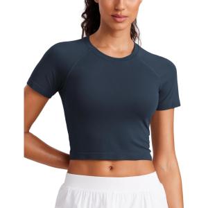 CRZ YOGA Seamless Crop Workout Tops for Women – Athletic Running Gym Yoga Short Sleeve Shirts Basic(Twilight Blue)