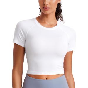 CRZ YOGA Seamless Crop Workout Tops for Women – Athletic Running Gym Yoga Short Sleeve Shirts Basic(White)