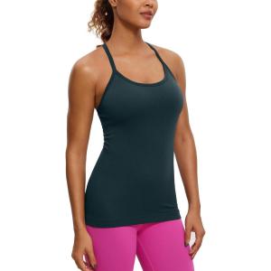 CRZ YOGA Seamless Workout Tank Tops for Women Racerback Athletic Camisole Sports Shirts with Built in Bra(Forest Dark Green)