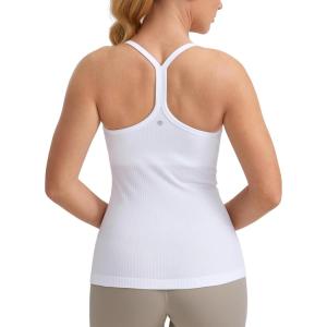 CRZ YOGA Seamless Workout Tank Tops for Women Racerback Athletic Camisole Sports Shirts with Built in Bra(White)