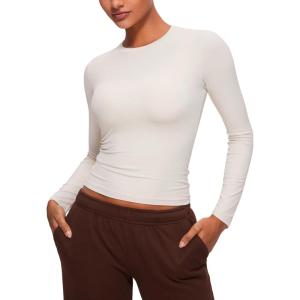 CRZ YOGA Softembrace Crewneck Long Sleeve Shirts for Women – Casual Going Out Tops Soft Basic Fitted Tight Fall T-Shirts(Milky White)