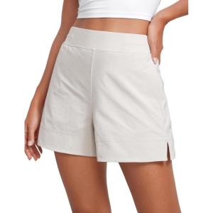 CRZ YOGA Stretch Womens Shorts Casual 4″ Linerless High Waisted V Slit for Athletic Hiking Dress Golf with Pockets(Milky White (Bone))