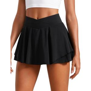 CRZ YOGA Tennis Skirts for Women Crossover High Waisted Ruffle Layered Workout Athletic Golf Skort with Pockets(Black)