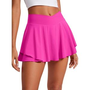 CRZ YOGA Tennis Skirts for Women Crossover High Waisted Ruffle Layered Workout Athletic Golf Skort with Pockets(Hibiscus Purple)