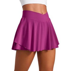 CRZ YOGA Tennis Skirts for Women Crossover High Waisted Ruffle Layered Workout Athletic Golf Skort with Pockets(Magenta Purple)