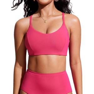 CRZ YOGA Tie Back Bikini Tops for Women – Padded Lace Up V Neck Swim Bathing Suit Bra(Magenta)