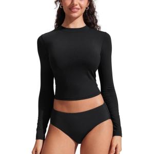 CRZ YOGA UPF 50+ Cropped Rash Guard Shirts for Women – Long Sleeve UV Sun Protection Swim Rashguard Tops(Black)