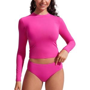 CRZ YOGA UPF 50+ Cropped Rash Guard Shirts for Women – Long Sleeve UV Sun Protection Swim Rashguard Tops(Hibiscus Purple)