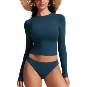 CRZ YOGA UPF 50+ Cropped Rash Guard Shirts for Women – Long Sleeve UV Sun Protection Swim Rashguard Tops(Insignia Blue)