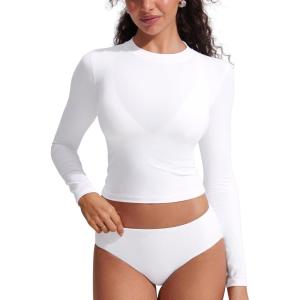CRZ YOGA UPF 50+ Cropped Rash Guard Shirts for Women – Long Sleeve UV Sun Protection Swim Rashguard Tops(White)