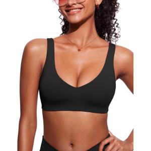 CRZ YOGA V Shaped Bikini Tops for Women – Padded Bathing Suit V Back Wide Straps Swim Bra Swimsuit(Black)