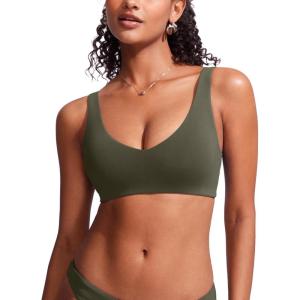 CRZ YOGA V Shaped Bikini Tops for Women – Padded Bathing Suit V Back Wide Straps Swim Bra Swimsuit(Dark Olive)