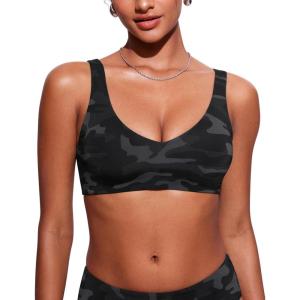 CRZ YOGA V Shaped Bikini Tops for Women – Padded Bathing Suit V Back Wide Straps Swim Bra Swimsuit(Jungle Camouflage Gray)