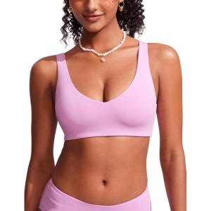 CRZ YOGA V Shaped Bikini Tops for Women – Padded Bathing Suit V Back Wide Straps Swim Bra Swimsuit(Vita Pink)