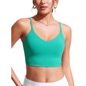 CRZ YOGA V Shaped Longline Bikini Tops for Women – Padded Cropped Adjustable Spaghetti Straps Swimsuit Athletic Bathing Suit(Blarney Green)