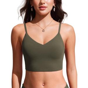 CRZ YOGA V Shaped Longline Bikini Tops for Women – Padded Cropped Adjustable Spaghetti Straps Swimsuit Athletic Bathing Suit(Dark Olive)