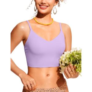 CRZ YOGA V Shaped Longline Bikini Tops for Women – Padded Cropped Adjustable Spaghetti Straps Swimsuit Athletic Bathing Suit(Elfin Purple)