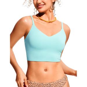 CRZ YOGA V Shaped Longline Bikini Tops for Women – Padded Cropped Adjustable Spaghetti Straps Swimsuit Athletic Bathing Suit(Hydra Blue)