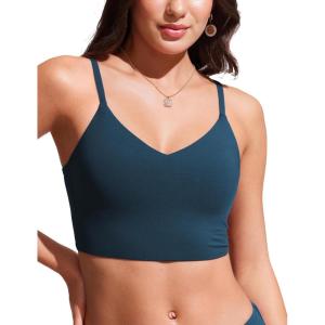 CRZ YOGA V Shaped Longline Bikini Tops for Women – Padded Cropped Adjustable Spaghetti Straps Swimsuit Athletic Bathing Suit(Insignia Blue)