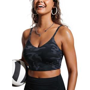 CRZ YOGA V Shaped Longline Bikini Tops for Women – Padded Cropped Adjustable Spaghetti Straps Swimsuit Athletic Bathing Suit(Jungle Camouflage Gray)