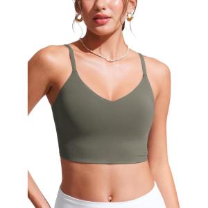 CRZ YOGA V Shaped Longline Bikini Tops for Women – Padded Cropped Adjustable Spaghetti Straps Swimsuit Athletic Bathing Suit(Light Army Green)