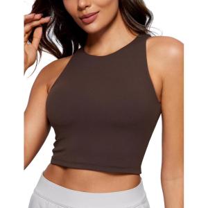 CRZ YOGA Womens Butterluxe Double Lined Cropped Tops High Neck Racerback Tanks Sleeveless Casual Workout Crop Shirts(Hot Fudge Brown)