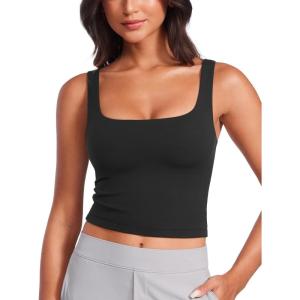 CRZ YOGA Womens Butterluxe Double Lined Square Neck Tight Tank Tops Sleeveless Workout Cropped Casual Yoga Fitted Shirts(Black)
