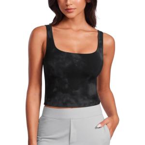 CRZ YOGA Womens Butterluxe Double Lined Square Neck Tight Tank Tops Sleeveless Workout Cropped Casual Yoga Fitted Shirts(Black Tie Dye Flowers)