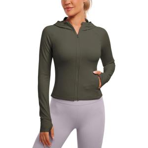 CRZ YOGA Womens Butterluxe Full Zip Workout Hoodie Jackets Slim Fit Hooded Athletic Yoga Lightweight Jacket with Thumb Holes(Light Army Green)