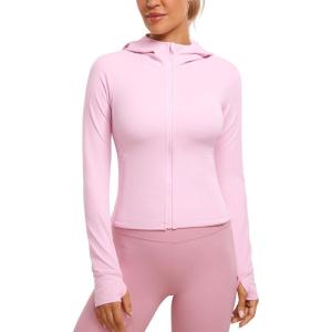 CRZ YOGA Womens Butterluxe Full Zip Workout Hoodie Jackets Slim Fit Hooded Athletic Yoga Lightweight Jacket with Thumb Holes(Pink Peony)