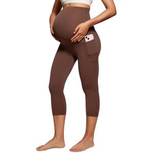 CRZ YOGA Womens Butterluxe Maternity Capris Leggings with Pockets 21″ – Workout Active Yoga Soft Over The Belly Crop Pants(Coffee Brown)