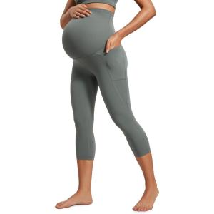 CRZ YOGA Womens Butterluxe Maternity Capris Leggings with Pockets 21″ – Workout Active Yoga Soft Over The Belly Crop Pants(Grey Sage)