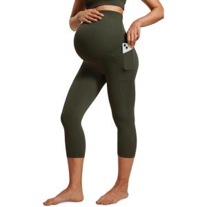 CRZ YOGA Womens Butterluxe Maternity Capris Leggings with Pockets 21″ – Workout Active Yoga Soft Over The Belly Crop Pants(Olive Green)