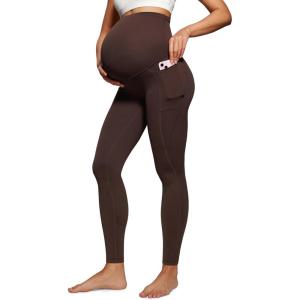 CRZ YOGA Womens Butterluxe Maternity Leggings with Pockets Over The Belly 28″ – Soft Workout Active Yoga Pregnancy Pants(Hot Fudge Brown)