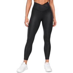 CRZ YOGA Womens Butterluxe Matte Faux Leather Cross Waist Leggings 25″ – V Crossover High Waisted Lounge(Black Classic)
