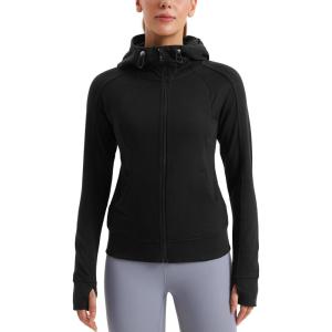 CRZ YOGA Womens Fleece Full Zip Hoodie Jackets Workout Hooded Zipper Basic Casual Sweatshirts with Thumb Holes(Black)