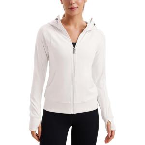 CRZ YOGA Womens Fleece Full Zip Hoodie Jackets Workout Hooded Zipper Basic Casual Sweatshirts with Thumb Holes(Milky White (Bone))