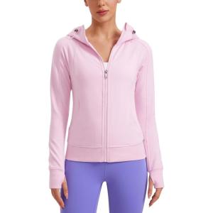 CRZ YOGA Womens Fleece Full Zip Hoodie Jackets Workout Hooded Zipper Basic Casual Sweatshirts with Thumb Holes(Pink Peony)