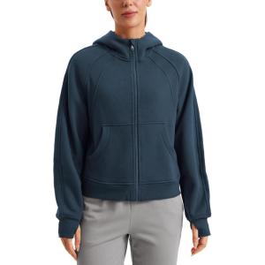 CRZ YOGA Womens Fleece Lined Full Zip Hoodies Oversized Long Sleeve Casual Workout Hooded Sweatshirt with Thumb Holes(Ink Blue)