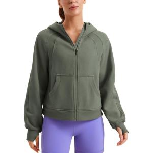 CRZ YOGA Womens Fleece Lined Full Zip Hoodies Oversized Long Sleeve Casual Workout Hooded Sweatshirt with Thumb Holes(Light Army Green)
