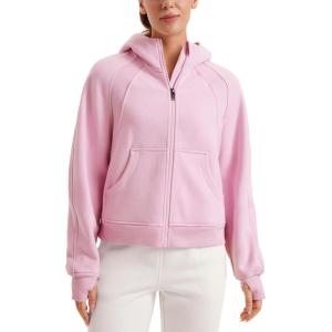 CRZ YOGA Womens Fleece Lined Full Zip Hoodies Oversized Long Sleeve Casual Workout Hooded Sweatshirt with Thumb Holes(Pink Peony)