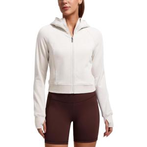 CRZ YOGA Womens Fleece Zip Up Cropped Hoodie Workout Jacket Athletic Casual Long Sleeve Sweatshirts with Thumb Holes(Milky White (Bone))